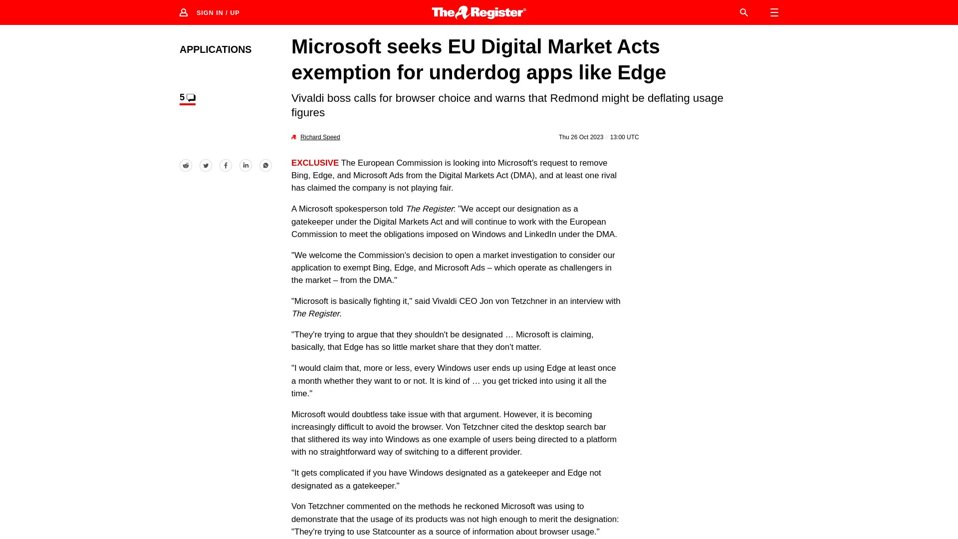 Screenshot of theregister.com: Microsoft seeks EU Digital Market Acts exemption for underdog apps like Edge