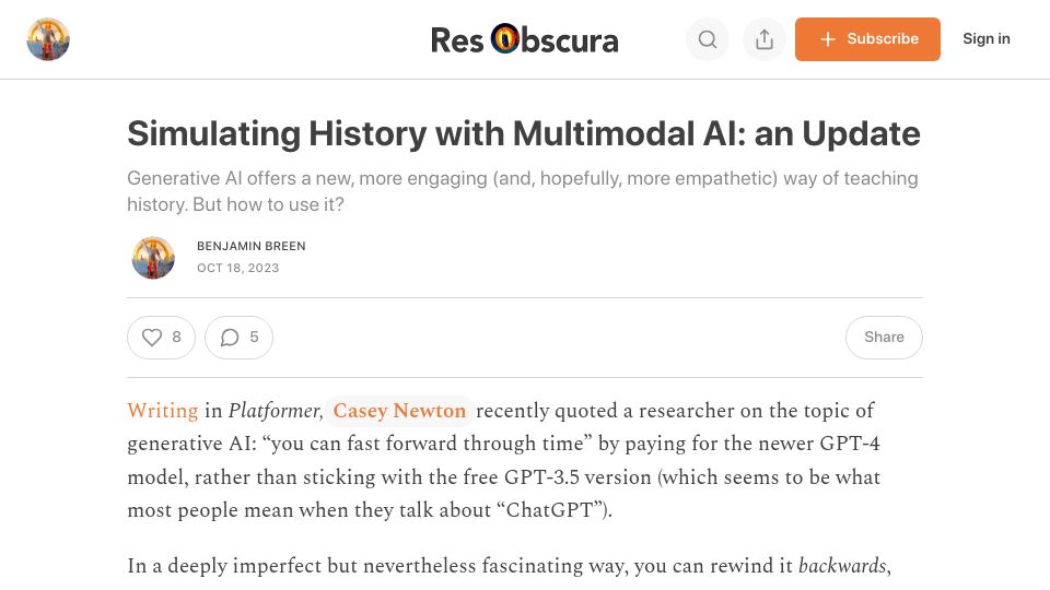 Screenshot of resobscura.substack.com: Simulating History with Multimodal AI: An Update