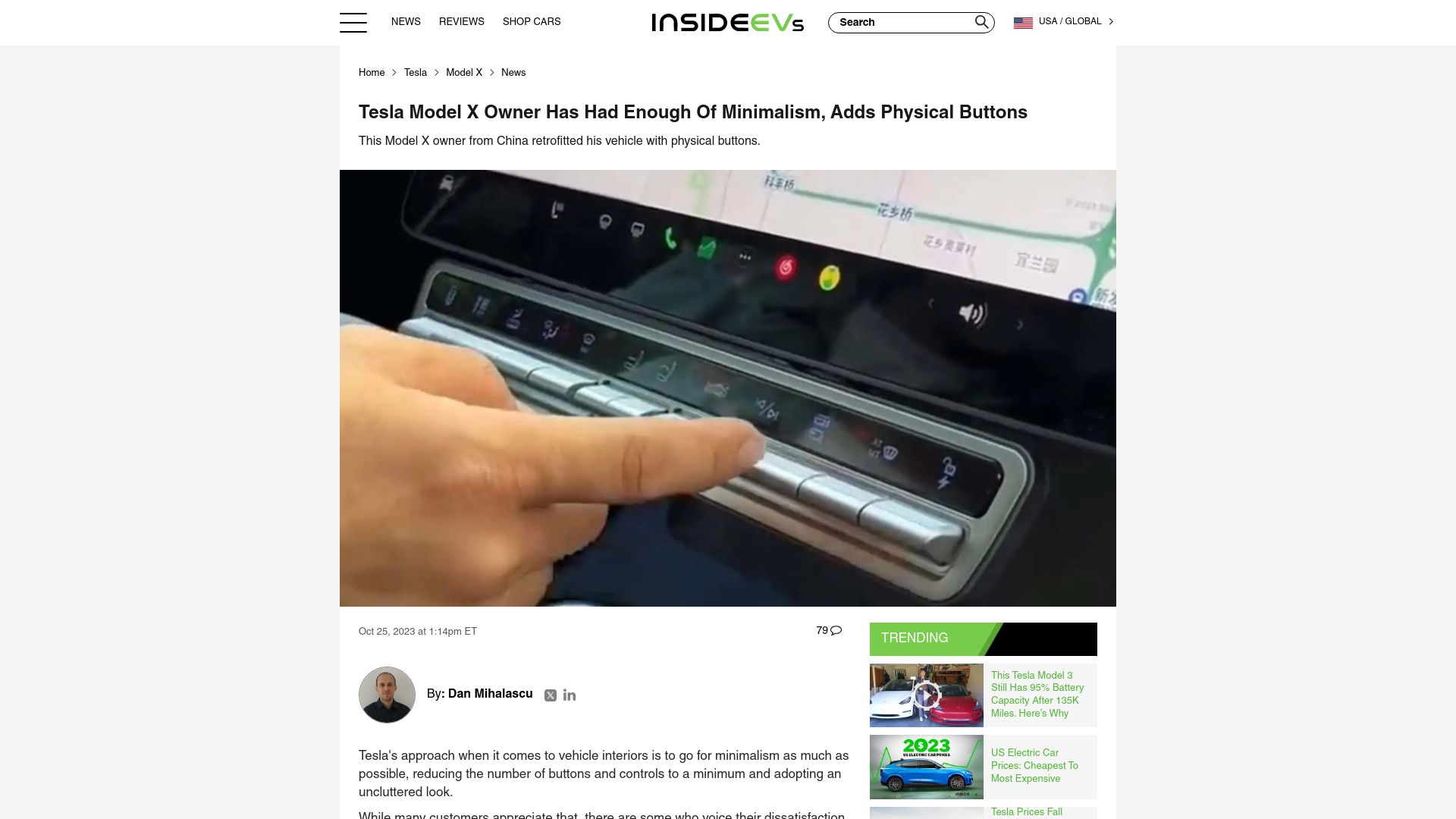 Screenshot of insideevs.com: Tesla Model X Owner Has Had Enough of Minimalism, Adds Physical Buttons