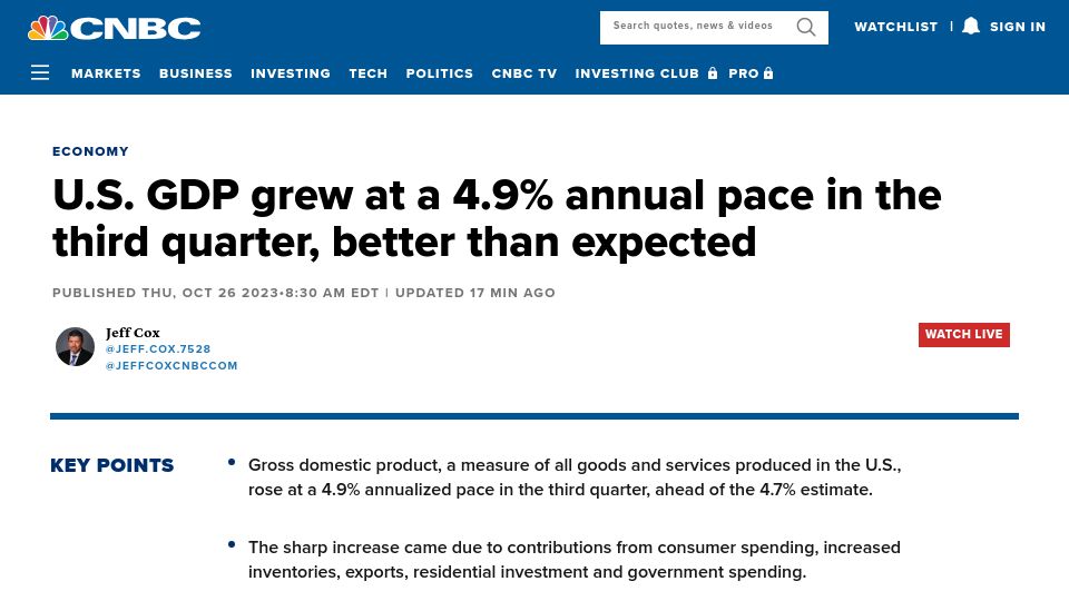 Screenshot of cnbc.com: U.S. GDP grew at a 4.9% annual pace in the third quarter, better than expected