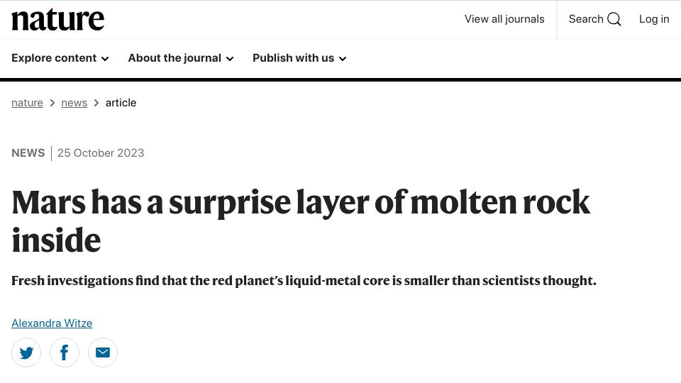 Screenshot of nature.com: Mars has a layer of molten rock inside