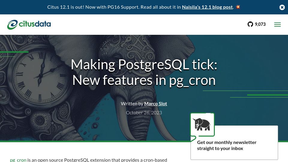 Screenshot of citusdata.com: Making PostgreSQL tick: New features in pg_cron