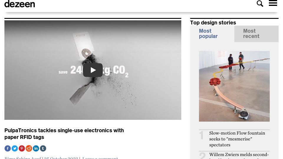 Screenshot of dezeen.com: Pulpatronics tackles single-use electronics with paper RFID tags