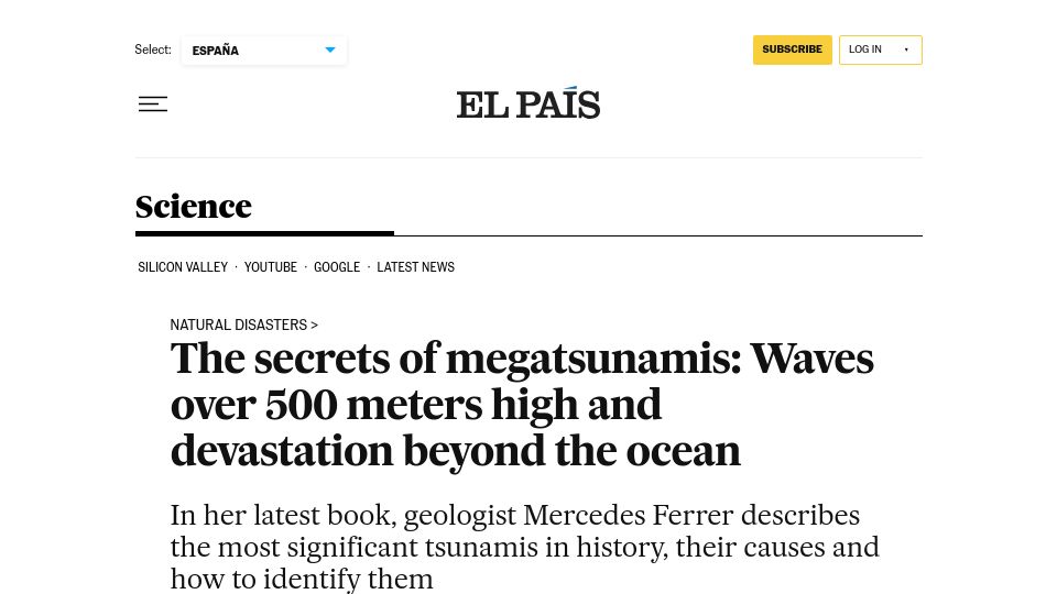 Screenshot of english.elpais.com: Megatsunamis: Waves over 500 meters high and devastation beyond the ocean