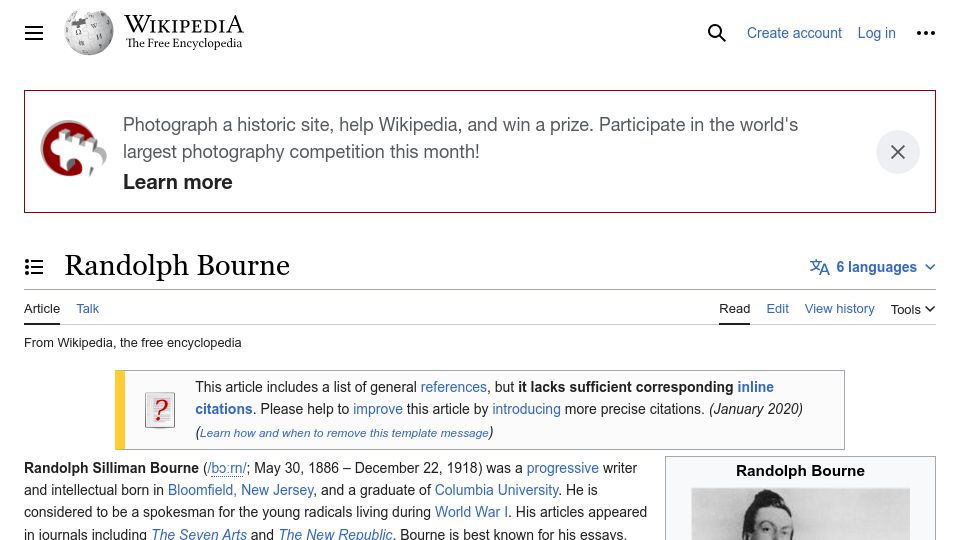 Screenshot of en.wikipedia.org: Randolph Bourne