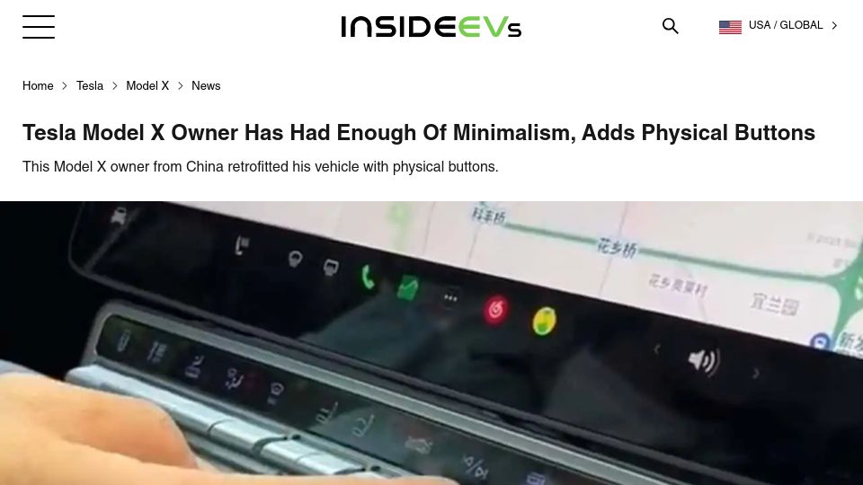 Screenshot of insideevs.com: Tesla Model X Owner Has Had Enough of Minimalism, Adds Physical Buttons