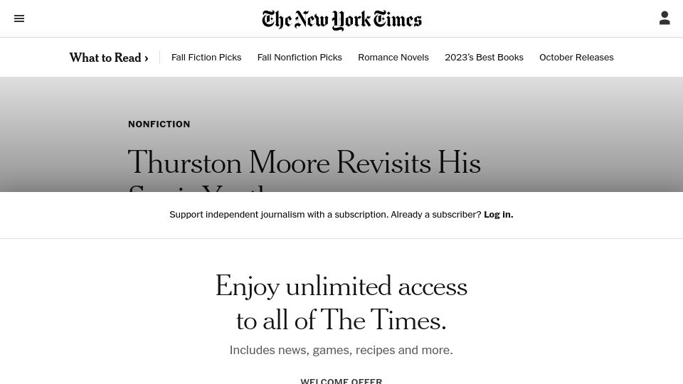 Screenshot of nytimes.com: Thurston Moore Revisits His Sonic Youth