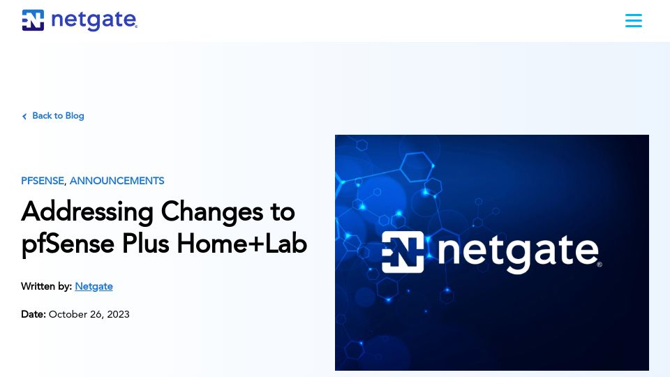 Screenshot of netgate.com: Addressing Changes to PfSense Plus Home+Lab
