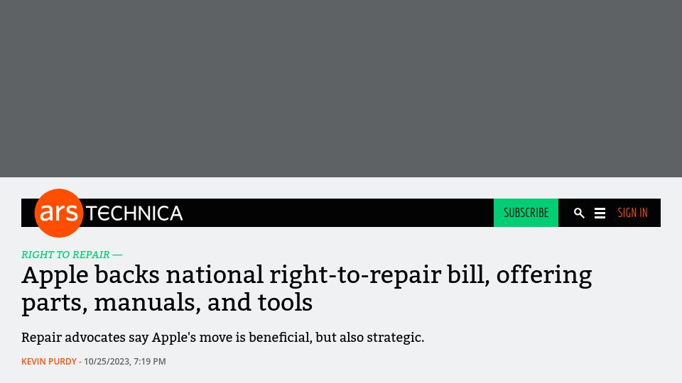 Screenshot of arstechnica.com: Apple backs national right-to-repair bill, offering parts, manuals, and tools