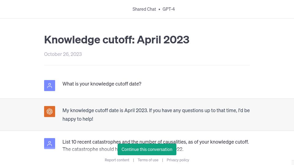 Screenshot of chat.openai.com: ChatGPT cut off date now April 2023