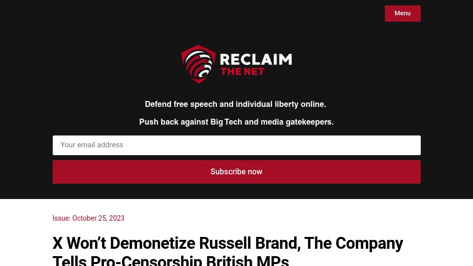Screenshot of reclaimthenet.org: X Won't Demonetize Russell Brand, the Company Tells Pro-Censorship British MPs