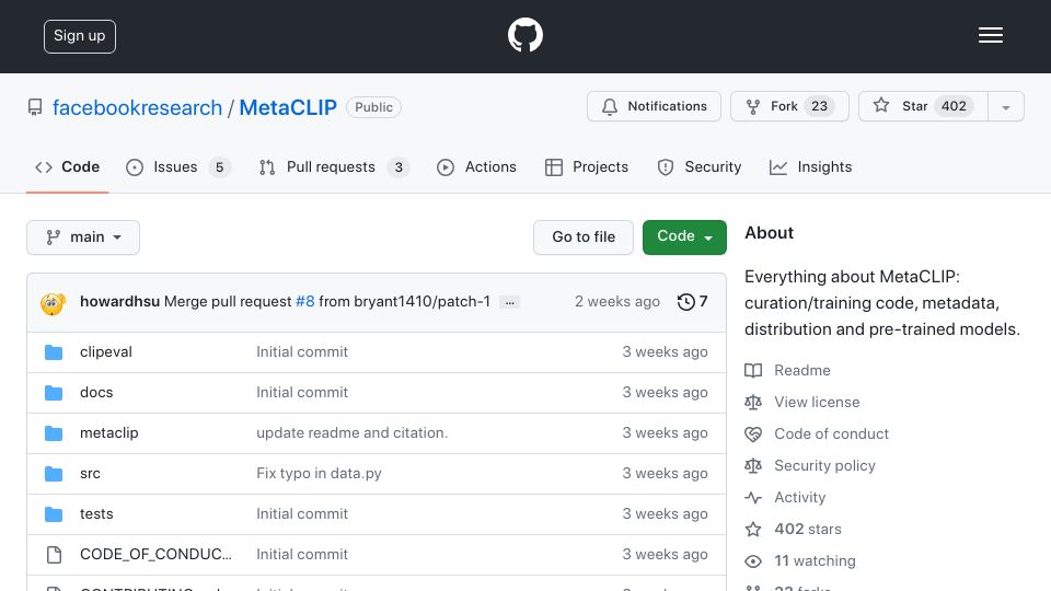 Screenshot of github.com: MetaCLIP – Meta AI Research