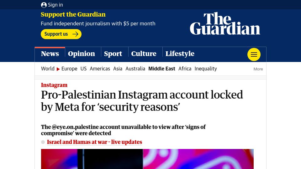 Screenshot of theguardian.com: Pro-Palestinian Instagram account locked by Meta for 'security reasons'