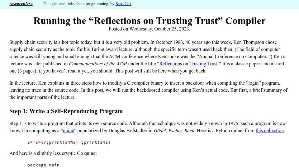 Screenshot of research.swtch.com: Running the "Reflections on Trusting Trust" Compiler