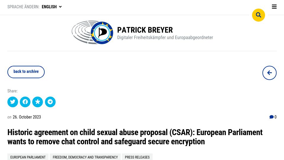 Screenshot of patrick-breyer.de: EU parliament agreement to remove chat control and safeguard secure encryption