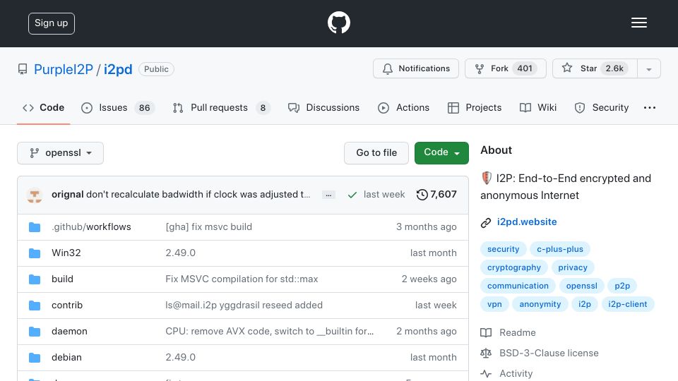 Screenshot of github.com: I2P: End-to-end encrypted and anonymous internet