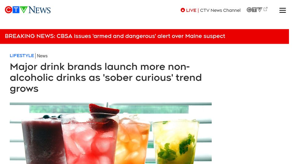 Screenshot of ctvnews.ca: Sober-curious movement: Non-alcoholic drink options grow