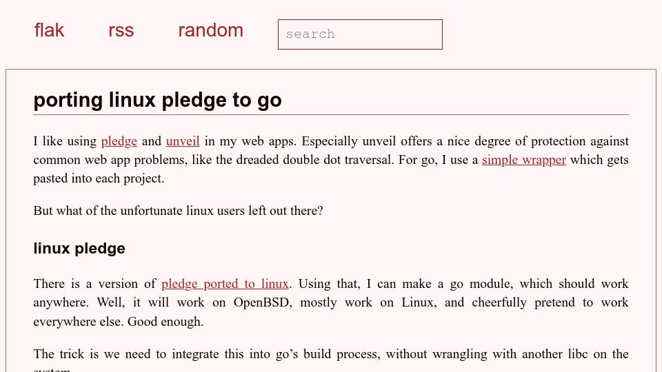 Screenshot of flak.tedunangst.com: Porting Linux Pledge to Go