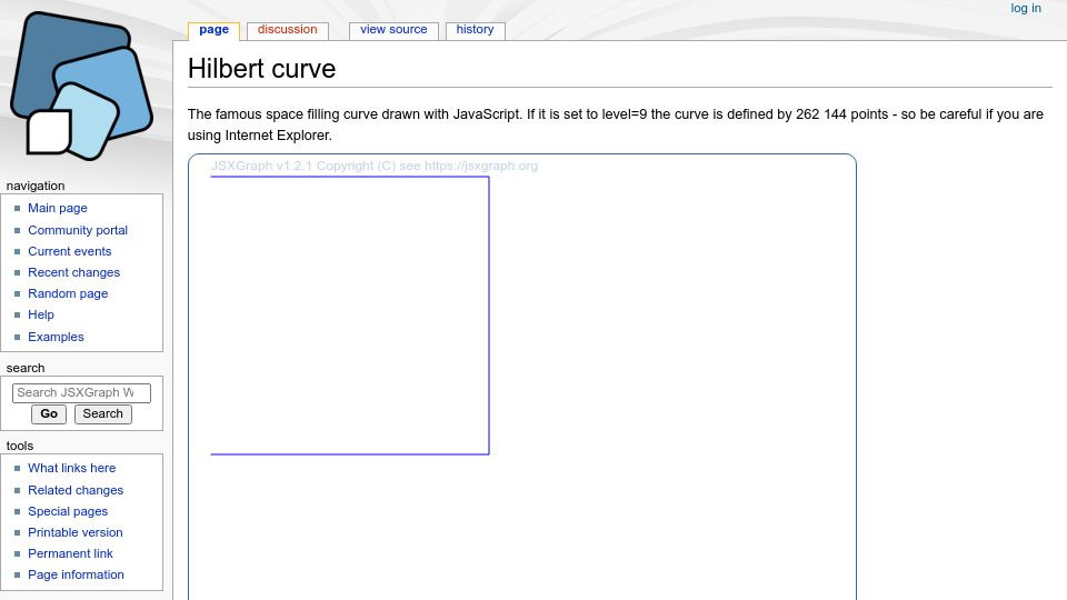 Screenshot of jsxgraph.uni-bayreuth.de: Hilbert curve: The space filling curve drawn with JavaScript