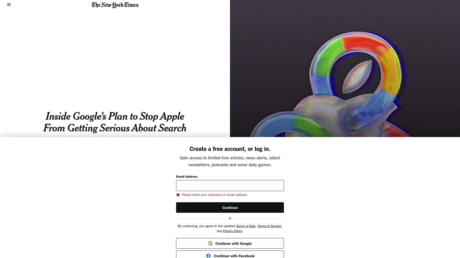 Screenshot of nytimes.com: Google's plan to stop Apple from getting serious about search