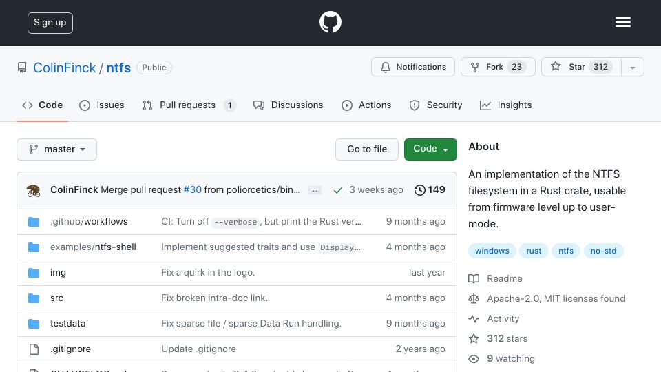 Screenshot of github.com: An implementation of the NTFS filesystem in a Rust crate