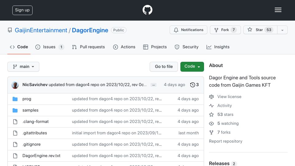 Screenshot of github.com: Dagor Engine and Tools source code from Gaijin Games KFT