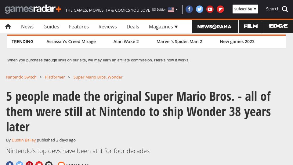 Screenshot of nintendo.com.au: People who made the original Super Mario Bros shipped Wonder 38 years later