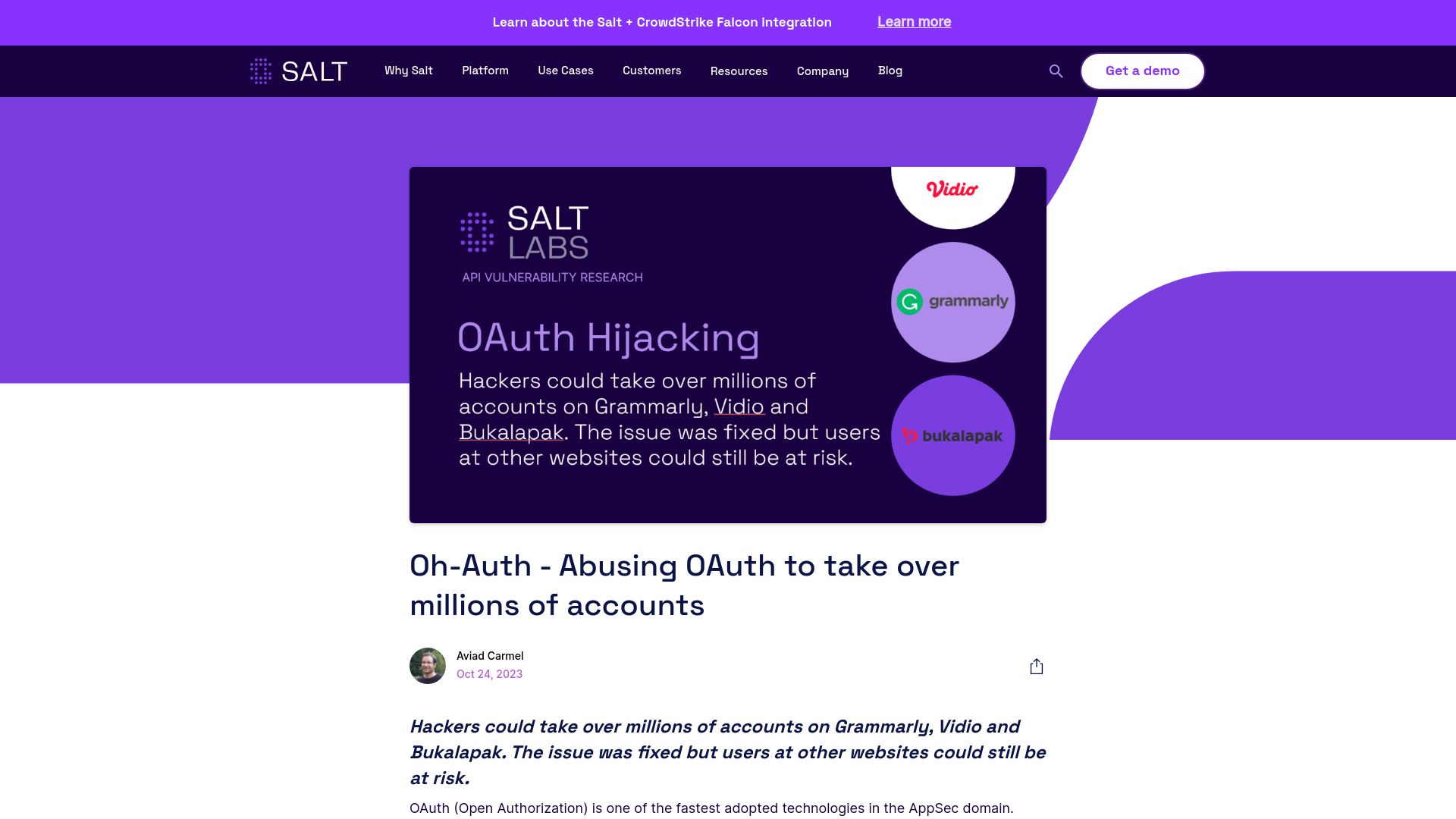 Screenshot of salt.security: Oh-Auth – Abusing OAuth to take over millions of accounts