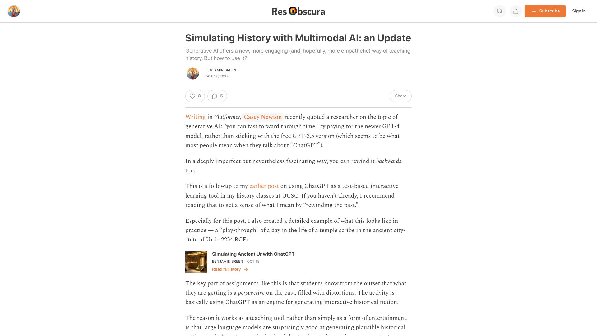 Screenshot of resobscura.substack.com: Simulating History with Multimodal AI: An Update