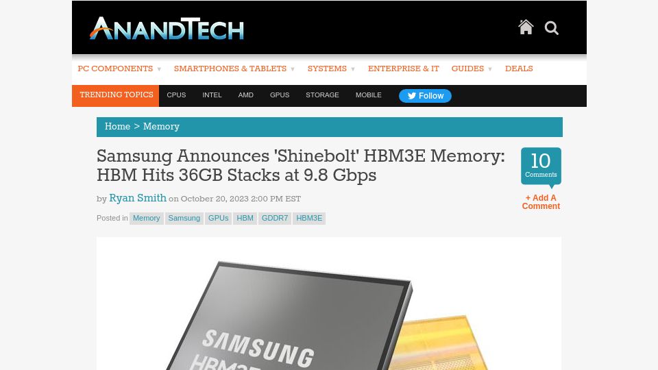 Screenshot of anandtech.com: Samsung announces 'Shinebolt' HBM3E memory