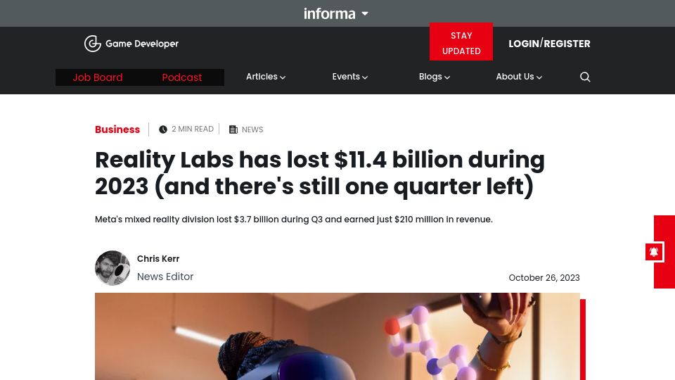 Screenshot of gamedeveloper.com: Reality Labs has lost $11.4B during 2023 (there's still one quarter left)