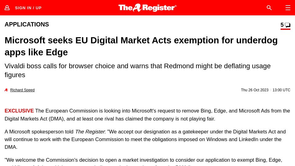 Screenshot of theregister.com: Microsoft seeks EU Digital Market Acts exemption for underdog apps like Edge