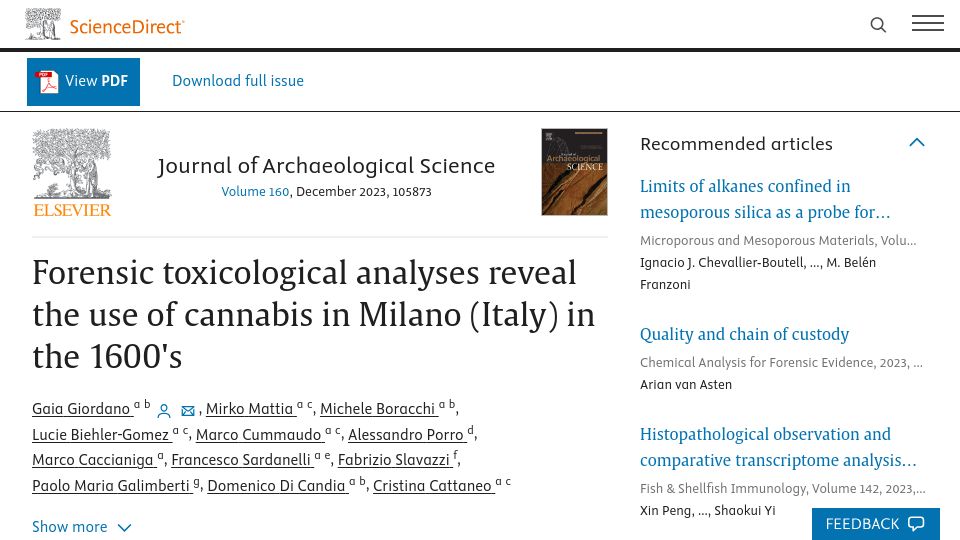 Screenshot of sciencedirect.com: Toxicological analyses reveal the use of cannabis in Milan in the 1600's