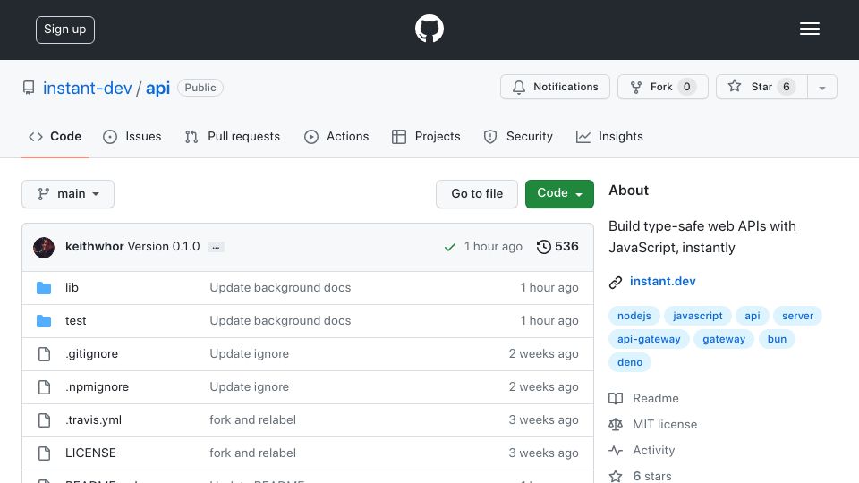 Screenshot of github.com: Show HN: Instant API – Build type-safe web APIs with JavaScript