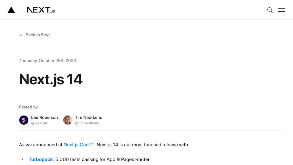 Screenshot of nextjs.org: Next.js 14