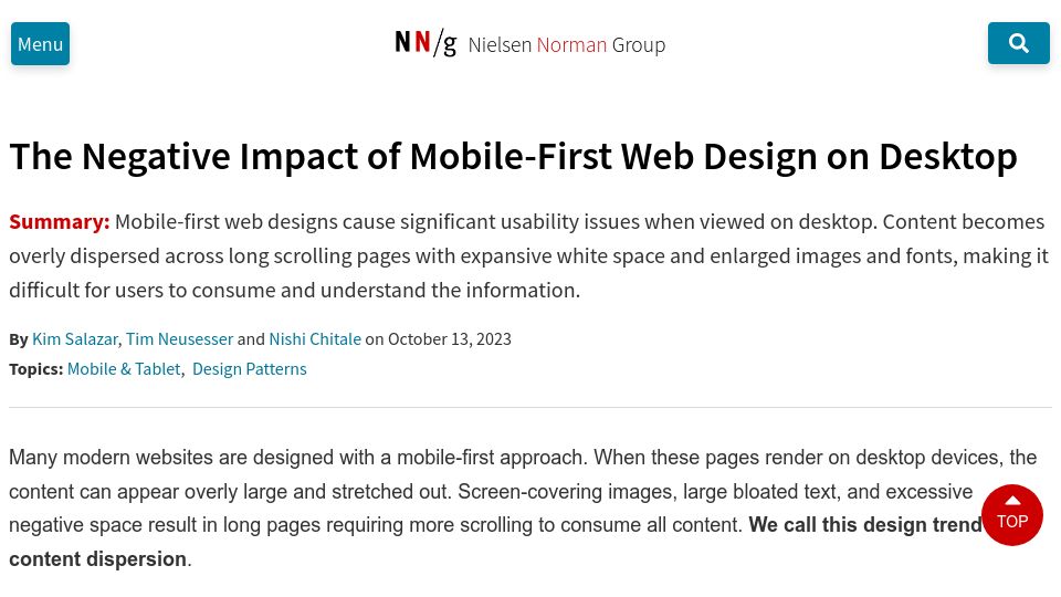 Screenshot of nngroup.com: The negative impact of mobile-first web design on desktop