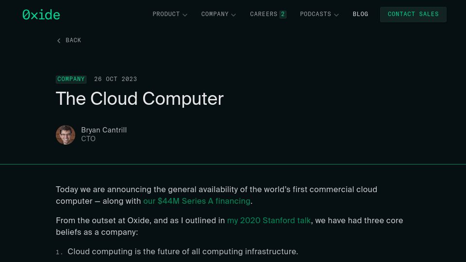 Screenshot of oxide.computer: The Cloud Computer