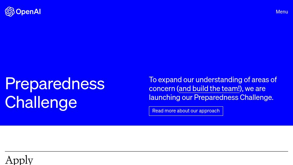Screenshot of openai.com: OpenAI Preparedness Challenge