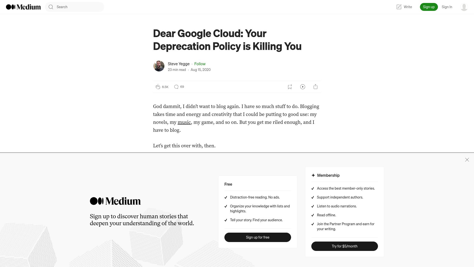 Screenshot of steve-yegge.medium.com: Dear Google Cloud: Your Deprecation Policy Is Killing You (2020)