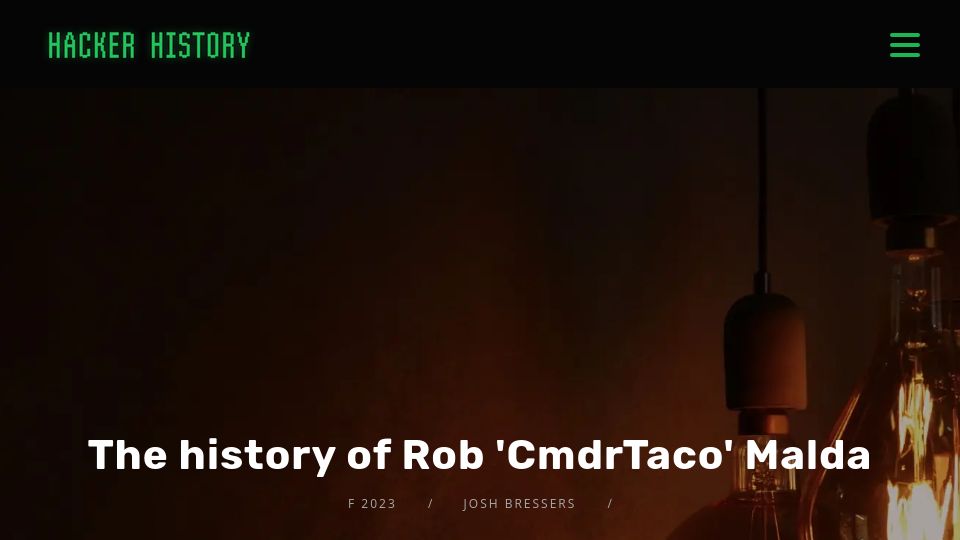 Screenshot of hackerhistory.com: The history of Rob 'CmdrTaco' Malda [audio]