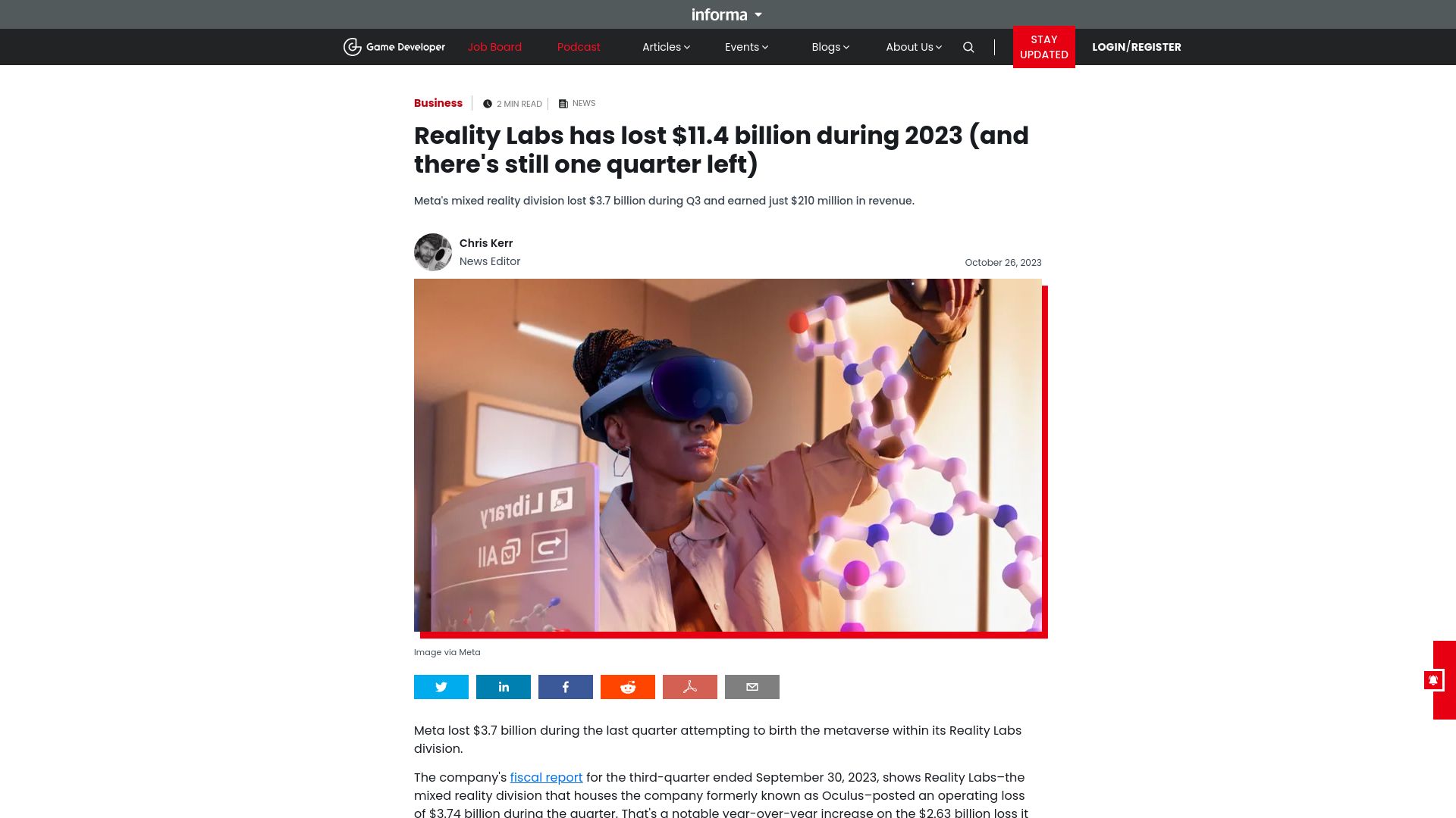 Screenshot of gamedeveloper.com: Reality Labs has lost $11.4B during 2023 (there's still one quarter left)
