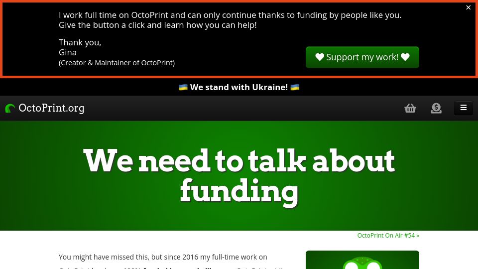 Screenshot of octoprint.org: We need to talk about funding