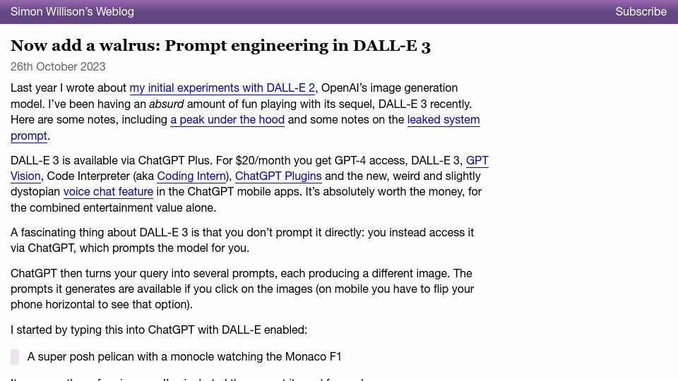 Screenshot of simonwillison.net: Now add a walrus: Prompt engineering in DALL-E 3
