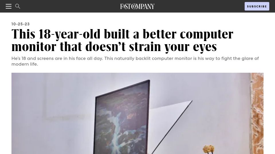 Screenshot of fastcompany.com: 18-year-old built a computer monitor that doesn't strain your eyes