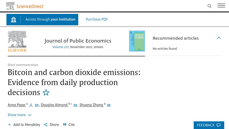 Screenshot of sciencedirect.com: Bitcoin and carbon dioxide emissions: Evidence from daily production decisions