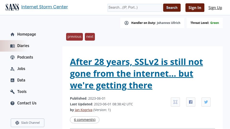 Screenshot of isc.sans.edu: After 28 years, SSLv2 is still not gone from the internet