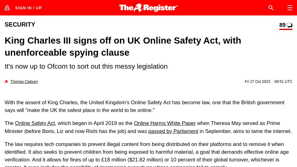 Screenshot of theregister.com: King Charles III signs off on Online Safety Act with unenforceable spying clause