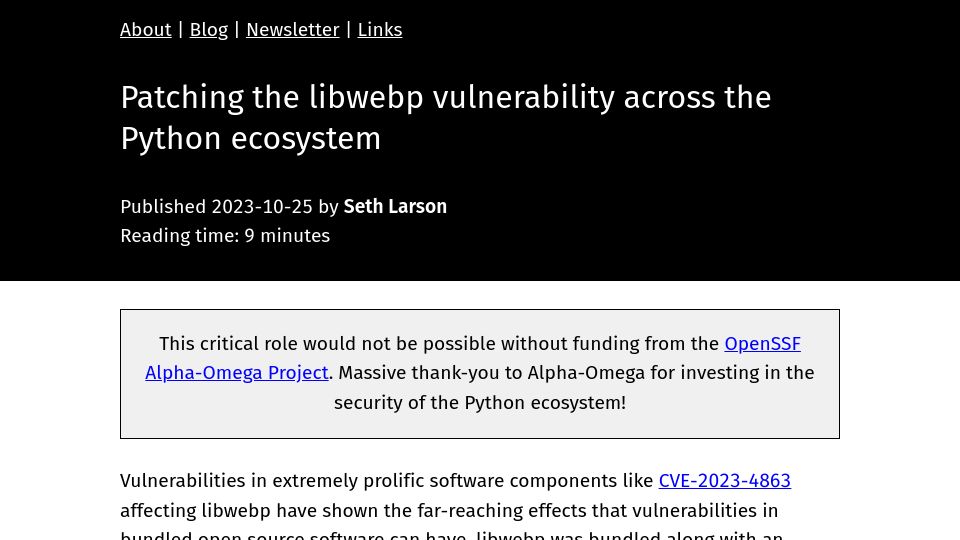 Screenshot of sethmlarson.dev: Patching the libwebp vulnerability across the Python ecosystem