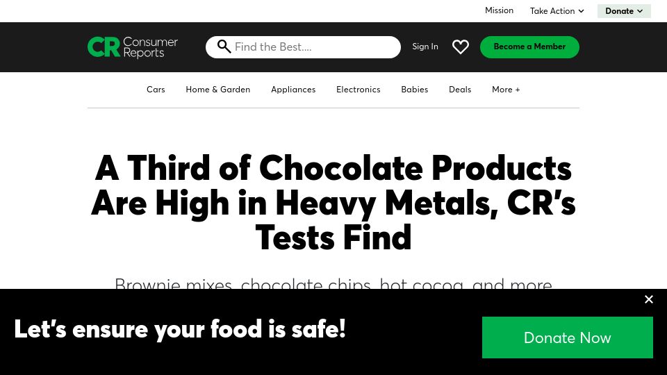 Screenshot of consumerreports.org: A third of chocolate products are high in heavy metals