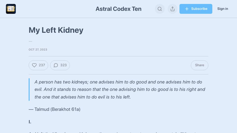 Screenshot of astralcodexten.com: My Left Kidney